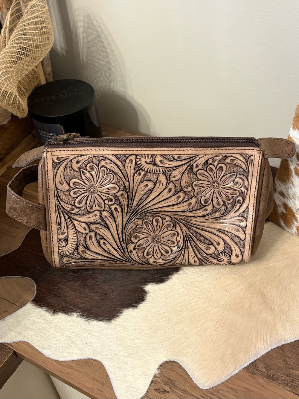 Hand-Tooled Floral Leather Toiletry Bag in Brown